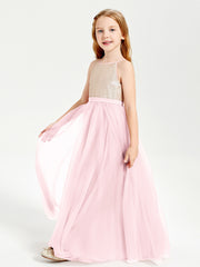 Sequined Top Long Tulle Junior Bridesmaid Gown Blushing Pink