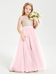 Sequined Top Long Tulle Junior Bridesmaid Gown Blushing Pink