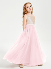 Sequined Top Long Tulle Junior Bridesmaid Gown Blushing Pink