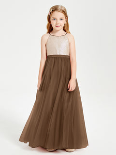 Sequined Top Long Tulle Junior Bridesmaid Gown Brown