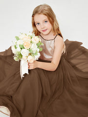 Sequined Top Long Tulle Junior Bridesmaid Gown Brown