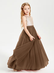 Sequined Top Long Tulle Junior Bridesmaid Gown Brown