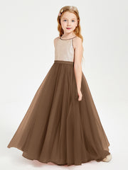Sequined Top Long Tulle Junior Bridesmaid Gown Brown