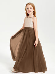 Sequined Top Long Tulle Junior Bridesmaid Gown Brown