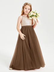 Sequined Top Long Tulle Junior Bridesmaid Gown Brown