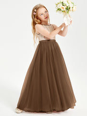 Sequined Top Long Tulle Junior Bridesmaid Gown Brown
