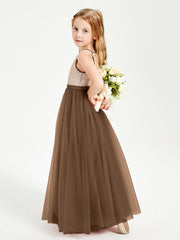 Sequined Top Long Tulle Junior Bridesmaid Gown Brown