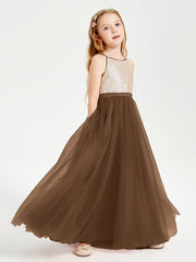 Sequined Top Long Tulle Junior Bridesmaid Gown Brown