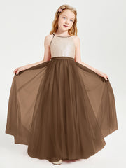 Sequined Top Long Tulle Junior Bridesmaid Gown Brown