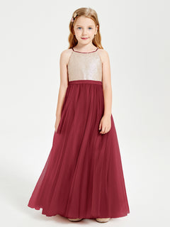 Sequined Top Long Tulle Junior Bridesmaid Gown Burgundy