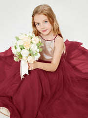 Sequined Top Long Tulle Junior Bridesmaid Gown Burgundy