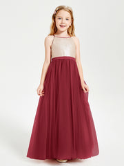 Sequined Top Long Tulle Junior Bridesmaid Gown Burgundy