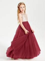 Sequined Top Long Tulle Junior Bridesmaid Gown Burgundy