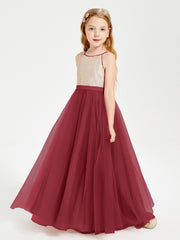 Sequined Top Long Tulle Junior Bridesmaid Gown Burgundy