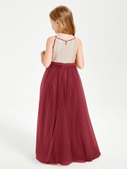 Sequined Top Long Tulle Junior Bridesmaid Gown Burgundy
