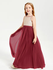Sequined Top Long Tulle Junior Bridesmaid Gown Burgundy