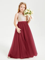 Sequined Top Long Tulle Junior Bridesmaid Gown Burgundy