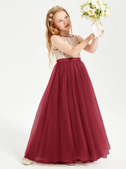 Sequined Top Long Tulle Junior Bridesmaid Gown Burgundy