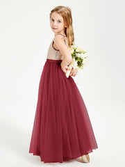 Sequined Top Long Tulle Junior Bridesmaid Gown Burgundy