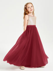 Sequined Top Long Tulle Junior Bridesmaid Gown Burgundy