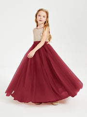 Sequined Top Long Tulle Junior Bridesmaid Gown Burgundy
