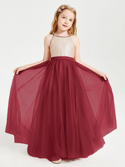 Sequined Top Long Tulle Junior Bridesmaid Gown Burgundy