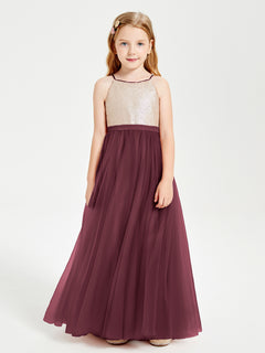 Sequined Top Long Tulle Junior Bridesmaid Gown Cabernet