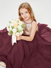 Sequined Top Long Tulle Junior Bridesmaid Gown Cabernet