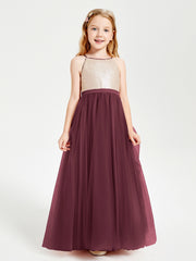 Sequined Top Long Tulle Junior Bridesmaid Gown Cabernet