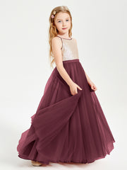 Sequined Top Long Tulle Junior Bridesmaid Gown Cabernet