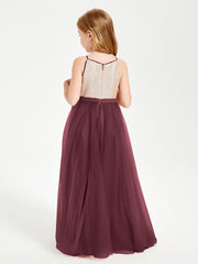 Sequined Top Long Tulle Junior Bridesmaid Gown Cabernet