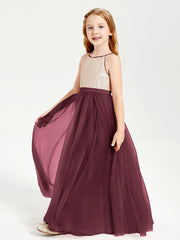 Sequined Top Long Tulle Junior Bridesmaid Gown Cabernet