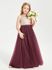 Sequined Top Long Tulle Junior Bridesmaid Gown Cabernet