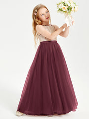 Sequined Top Long Tulle Junior Bridesmaid Gown Cabernet