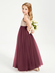 Sequined Top Long Tulle Junior Bridesmaid Gown Cabernet