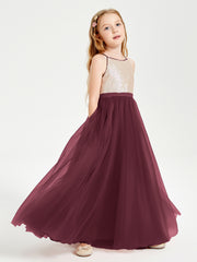 Sequined Top Long Tulle Junior Bridesmaid Gown Cabernet