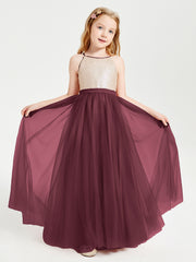 Sequined Top Long Tulle Junior Bridesmaid Gown Cabernet