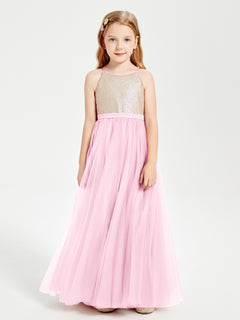 Sequined Top Long Tulle Junior Bridesmaid Gown Candy Pink