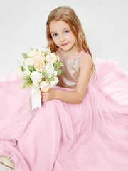 Sequined Top Long Tulle Junior Bridesmaid Gown Candy Pink
