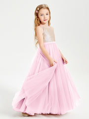 Sequined Top Long Tulle Junior Bridesmaid Gown Candy Pink