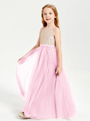 Sequined Top Long Tulle Junior Bridesmaid Gown Candy Pink