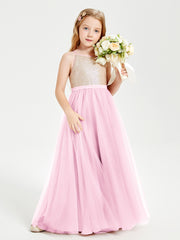 Sequined Top Long Tulle Junior Bridesmaid Gown Candy Pink