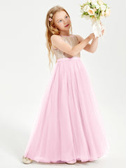 Sequined Top Long Tulle Junior Bridesmaid Gown Candy Pink
