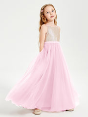 Sequined Top Long Tulle Junior Bridesmaid Gown Candy Pink