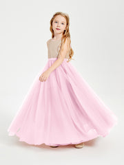 Sequined Top Long Tulle Junior Bridesmaid Gown Candy Pink