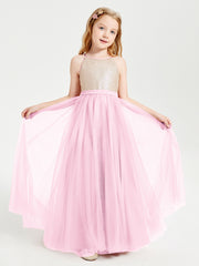 Sequined Top Long Tulle Junior Bridesmaid Gown Candy Pink
