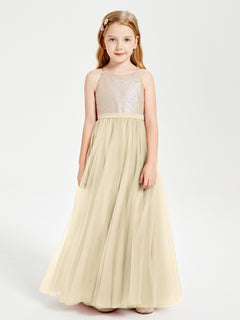 Sequined Top Long Tulle Junior Bridesmaid Gown Champagne