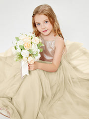 Sequined Top Long Tulle Junior Bridesmaid Gown Champagne