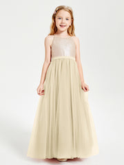 Sequined Top Long Tulle Junior Bridesmaid Gown Champagne