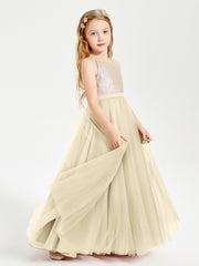 Sequined Top Long Tulle Junior Bridesmaid Gown Champagne
